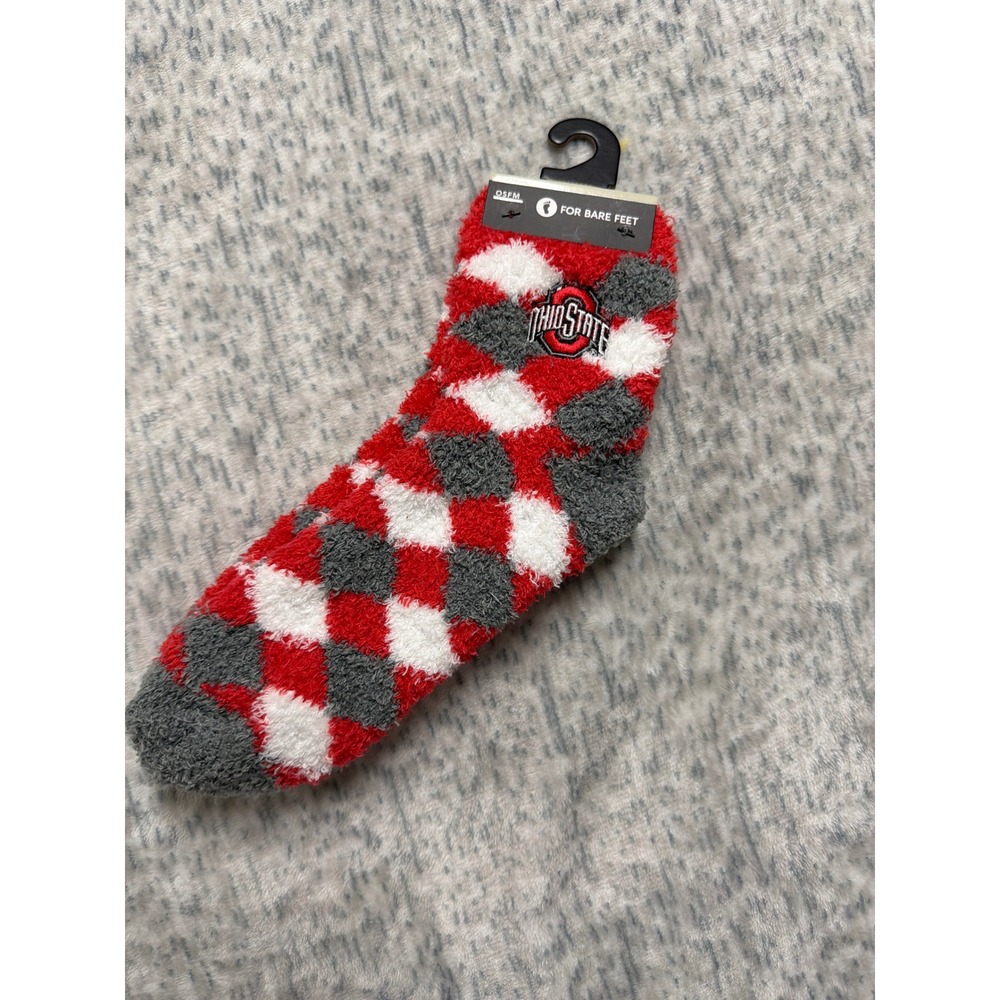 For Bare Feet Ohio State Buckeyes Fuzzy‎ Argyle Socks Red White Grey OSFM NEW